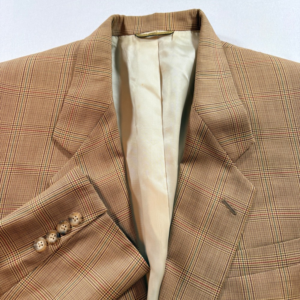 Hart Schaffner Marx Gold Trumpeter Blazer Men 40R Tan Wool Glen Plaid Sport Coat